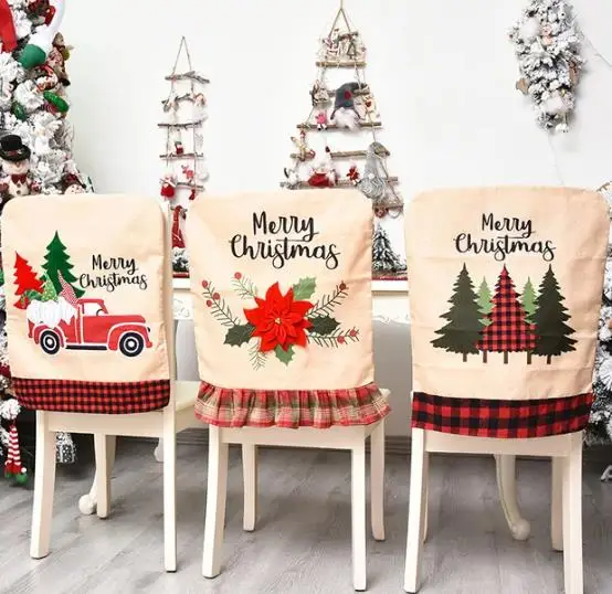 Embroidery Xmas Decorations - 4/6/8 adet Noel Sandalye Kapak Keten