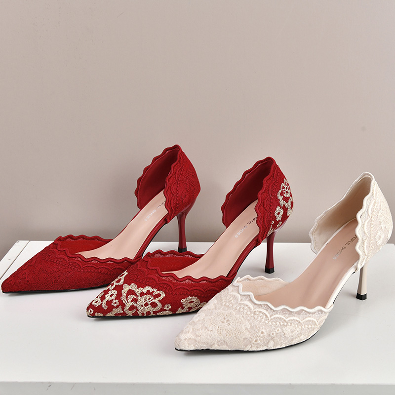 Embroidery Lace - Lüks Kırmızı Beyaz Dantel İşlemeli Yüksek