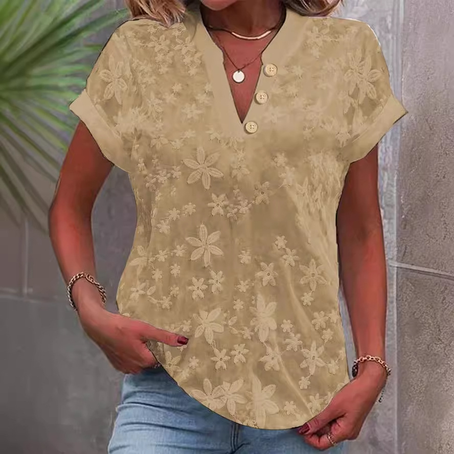 Embroidery Jersey - Kadınlar Çiçek Nakışlı V Yaka Kısa