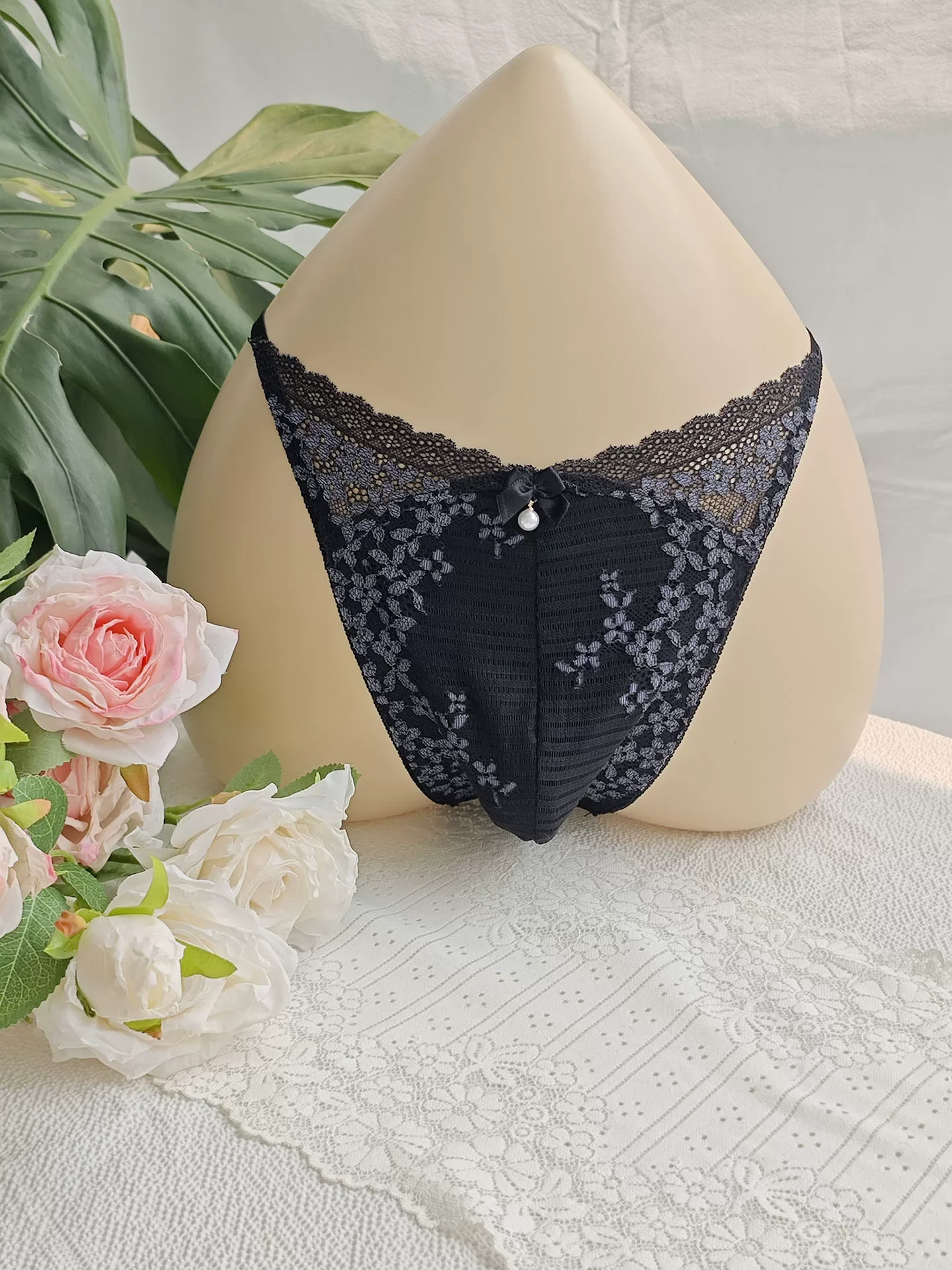 Embroidery Lace - Siyah Dantel Erkek T-İç Çamaşırı Nakış