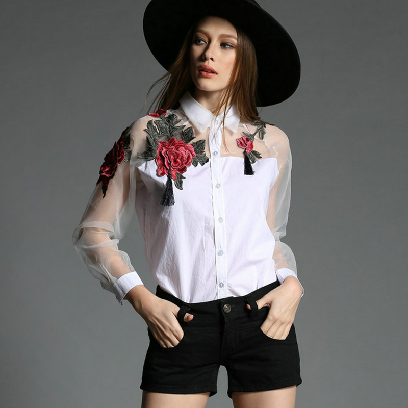 Embroidery Jersey - Kadın Modası Çiçek Nakışlı Şifon Bluz