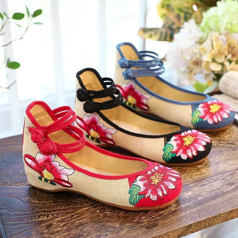 Embroidery Canvas - Kadın Takozlar İşlemeli Kumaş Ayakkabı İlkbahar